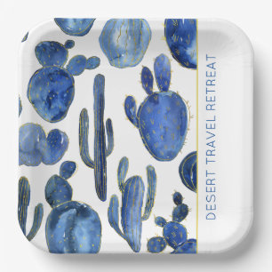 Assiettes En Carton Blue Cactus Desert Chic Gold NOM DE L'ÉVÉNEMENT Ar