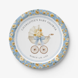 Assiettes En Carton Blue Carriage Floral Baby Shower Plate
