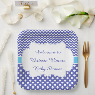 Assiettes En Carton Blue Chevron & White Baby shower Pois