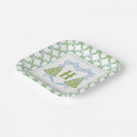 Assiettes En Carton Blue Chinoiserie Arbre de Noël Monogram Crest (Angulaire)