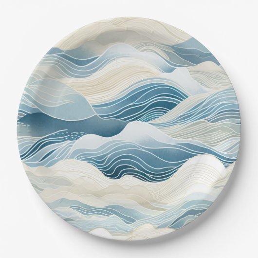 Assiettes En Carton Blue Cream Sea Sand Ocean Waves Beach (Devant)