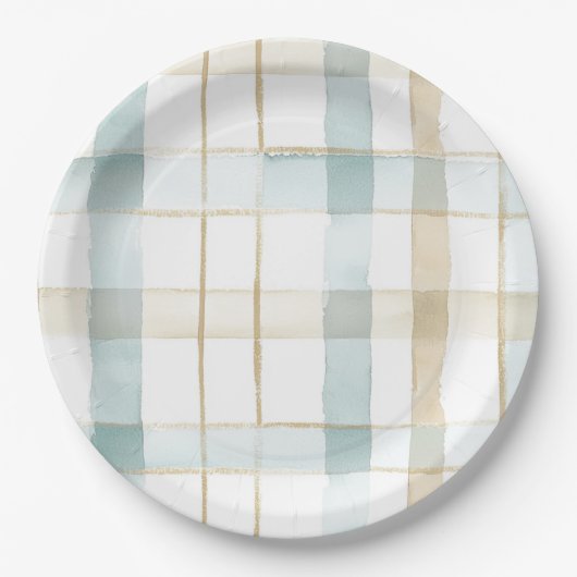 Assiettes En Carton Blue Cream White Plaid Stripes Birthday (Devant)