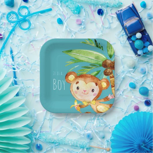 Assiettes En Carton Blue Cute Monkey Baby Boy Faire-part (Fête)