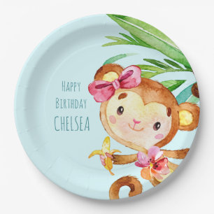 Assiettes En Carton Blue Cute Monkey Personnalisé Joyeux anniversaire