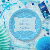 Assiettes En Carton Blue Damask Baby Boy Nom Personnalisé (Fête)