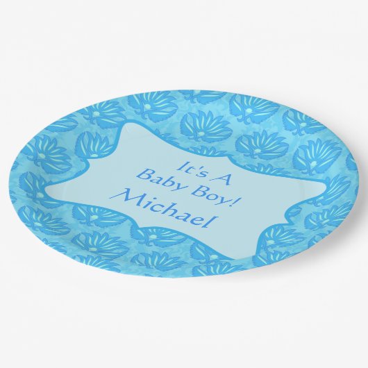 Assiettes En Carton Blue Damask Baby Boy Nom Personnalisé (Angle)