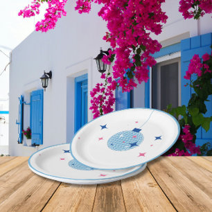 Assiettes En Carton Blue Disco Ball Santorini thème grec/espagnol
