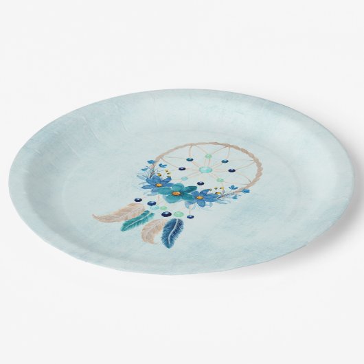Assiettes En Carton Blue Dreamcatcher Design Boho élégant (Angle)