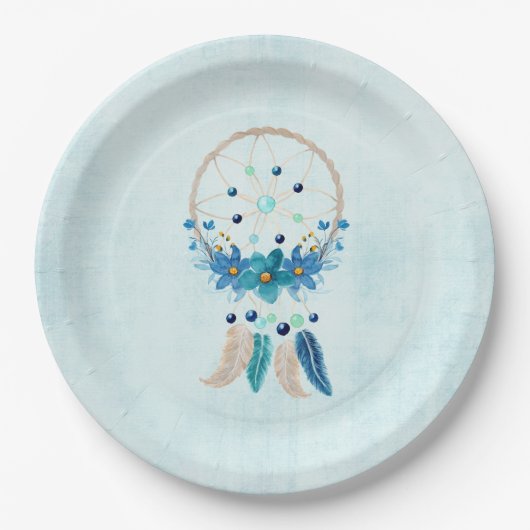 Assiettes En Carton Blue Dreamcatcher Design Boho élégant (Devant)