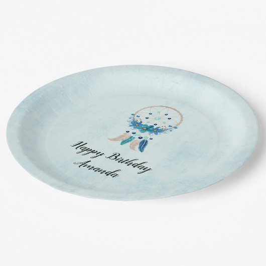 Assiettes En Carton Blue Dreamcatcher Design Boho élégant Anniversaire (Angle)