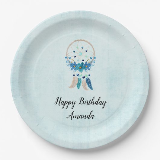 Assiettes En Carton Blue Dreamcatcher Design Boho élégant Anniversaire (Devant)
