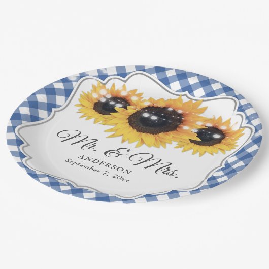 Assiettes En Carton Blue En vichy Sunflower M. et Mme Mariage (Angle)