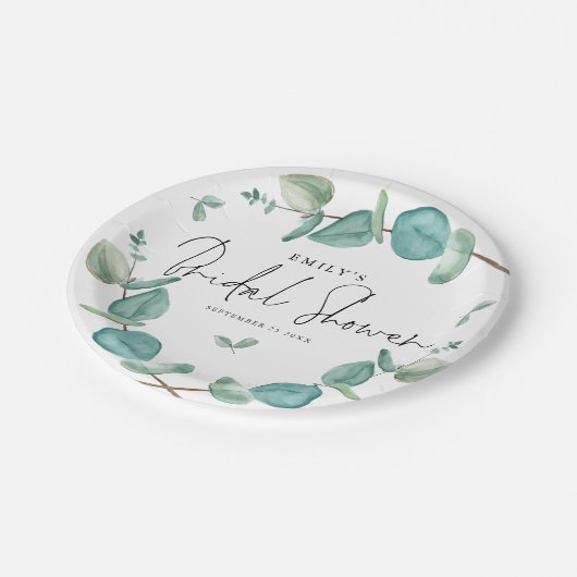 Assiettes En Carton Blue Eucalyptus Nom du script Date Fête des mariée (Angle)