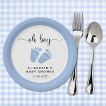 Assiettes En Carton Blue Feet Baby Boy Douche<br><div class="desc">Plaques en papier mignonnes pour votre bébé garçon douche avec "oh boy" dans un script élégant avec des swashes et une aquarelle bleue des pieds bébé. Sous vous pouvez facilement personnaliser avec votre nom et votre date de douche.</div>