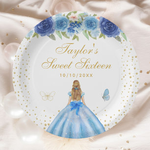 Assiettes En Carton Blue Floral Blonde cheveux Princess Sweet sixteen