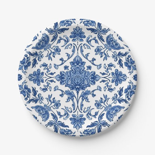 Assiettes En Carton Blue Floral Chinoiserie White Watercolor (Devant)