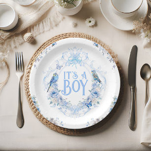 Assiettes En Carton Blue Floral Crest Bow C'est un Baby shower garçon