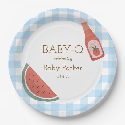 Assiettes En Carton Blue Gingham Baby-Q Circular Plate (Devant)