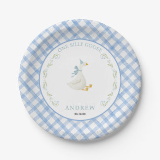 Assiettes En Carton Blue Gingham Floral One Silly Goose 1st Birthday