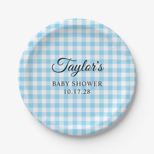 Assiettes En Carton Blue Gingham Plaid Baby Shower (Devant)