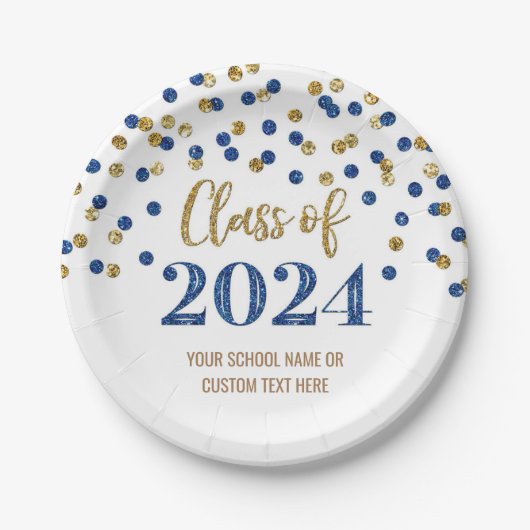 Assiettes En Carton Blue Gold Confetti Graduation 2024 (Devant)