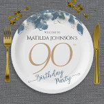 Assiettes En Carton Blue Gold Floral Custom 90th Birthday Party<br><div class="desc">Plaques de papier Blue Gold Floral Custom 90th Birthday Party. Laissez-vous tenter par notre thème d'anniversaire bleu et floral, où l'élégance et le charme se marient dans tous les détails. Délicates flores bleues dansent avec grâce sur fond de sophistication intemporelle, accentuée par un texte doré chatoyant qui ajoute une touche...</div>