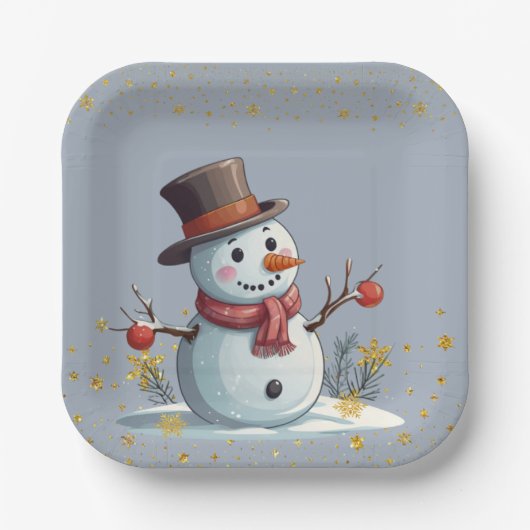 Assiettes En Carton Blue & Gold Little Snowflakes Snowman Baby shower (Recto)