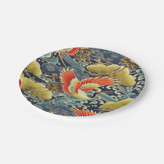 Assiettes En Carton Blue Gold Orange Japonais Kimono Bird Crane (Angle)