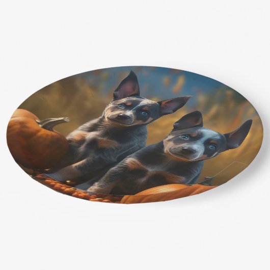 Assiettes En Carton Blue Heeler Chiot Automne Citrouille de plaisir (Angle)