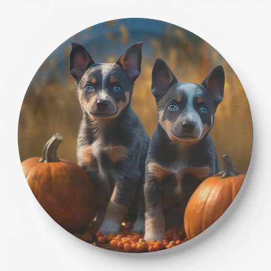 Assiettes En Carton Blue Heeler Chiot Automne Citrouille de plaisir (Devant)