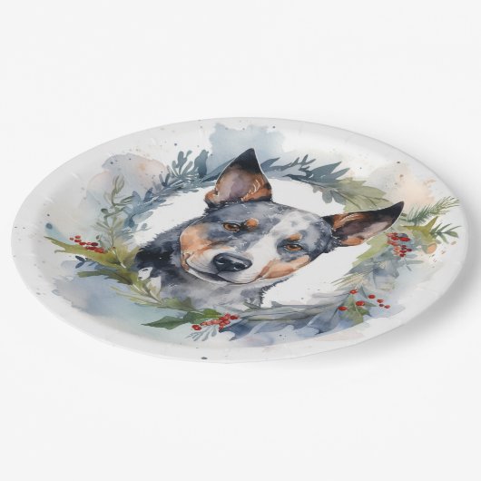 Assiettes En Carton Blue Heeler Christmas Wreath Festive Pup (Angle)
