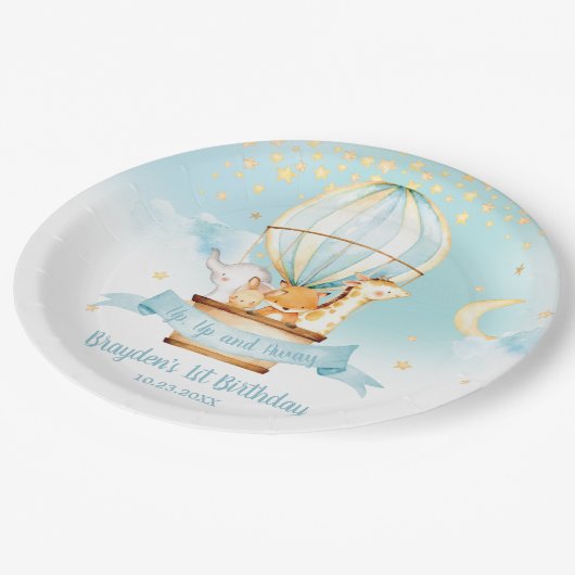 Assiettes En Carton Blue Hot Air Balloon Animaux Anniversaire (Angle)