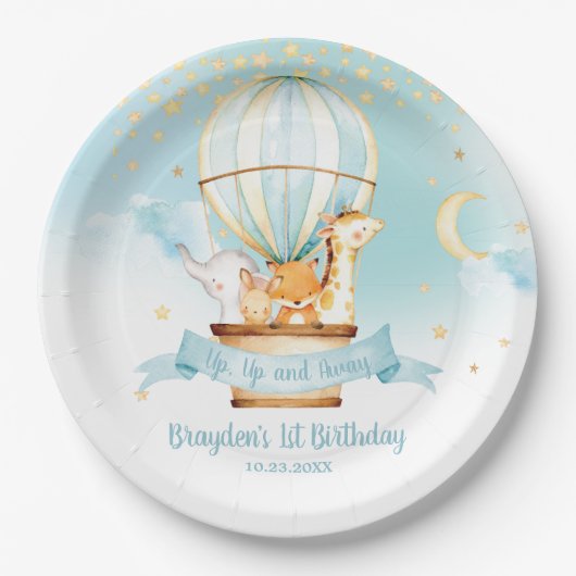 Assiettes En Carton Blue Hot Air Balloon Animaux Anniversaire (Devant)