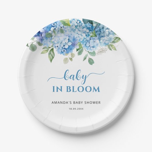 Assiettes En Carton Blue Hydrangea Baby in Bloom Baby shower (Devant)