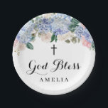 Assiettes En Carton Blue Hydrangea et ivoire Roses Dieu béni Baptême<br><div class="desc">Ajoutez un accent floral élégant à votre événement avec ces plaques personnalisables en papier. Il présente une guirlande aquarelle d'hydrangées bleues, de roses d'ivoire, de fleurs roses et d'accents de verdure. Personnalisez en ajoutant un nom. Ces plaques en papier floral sont parfaites pour des événements religieux tels que baptêmes et...</div>