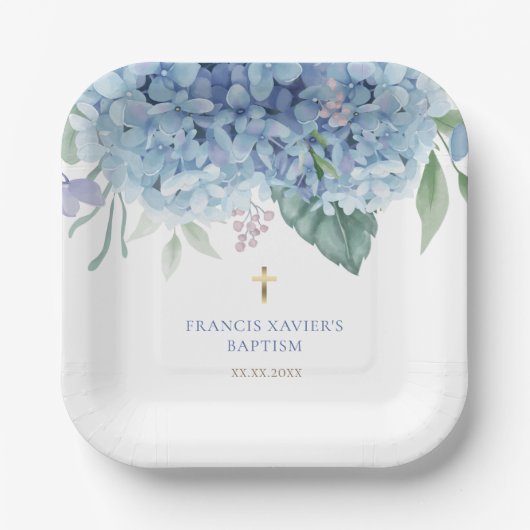 Assiettes En Carton blue Hydrangea flowers Baptism (Recto)