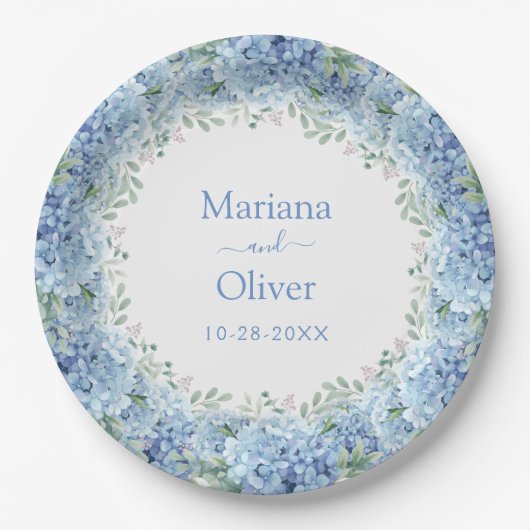 Assiettes En Carton Blue Hydrangeas aquarelle Floral Mariage (Devant)