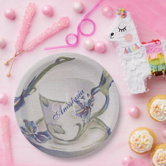 ASSIETTES EN CARTON BLUE IRIS TEACUP MONOGRAM PARTI (Fête)