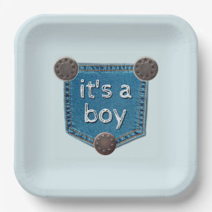 Assiettes En Carton Blue Jean Denim C'est un Baby shower garçon