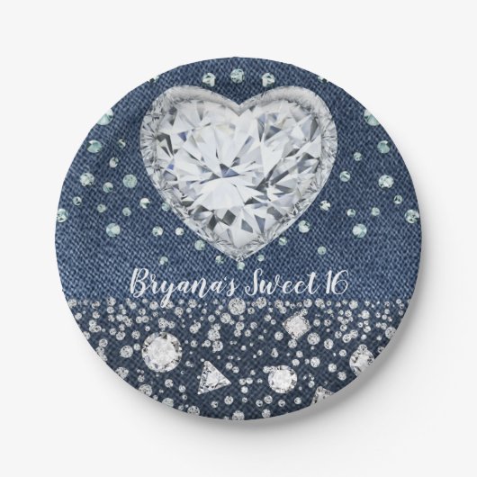 Assiettes En Carton Blue Jean Denim & Diamonds Bling Diamond Heart (Devant)