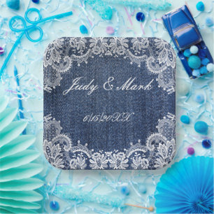 Assiettes En Carton Blue Jean Denim Et Dentelle