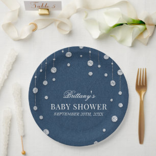 Assiettes En Carton Blue Jean Denim et Diamond Baby shower