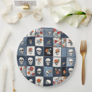 Assiettes En Carton Blue Jean Denim Patchwork Skuls Et Florals