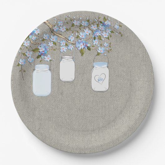 Assiettes En Carton Blue Mason Jar Burlap Boys Baby shower (Devant)