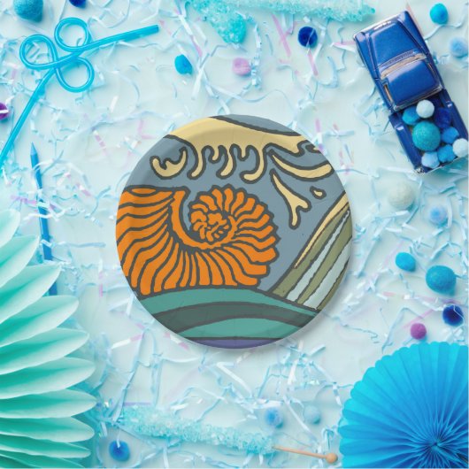 Assiettes En Carton Blue Ocean Waves Nautilus Seashell Motif Nouveau (Fête)
