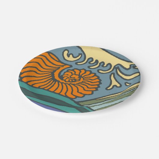 Assiettes En Carton Blue Ocean Waves Nautilus Seashell Motif Nouveau (Angle)