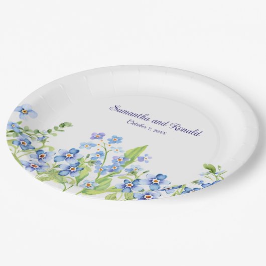 Assiettes En Carton Blue Oublie moi pas Mariage aquarelle (Angle)
