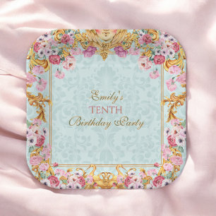 Assiettes En Carton Blue Pastel Gold Dixième Rococo baroque Anniversai