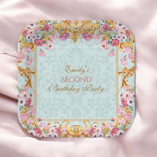 Assiettes En Carton Blue Pastel Gold Second Rococo baroque Anniversair