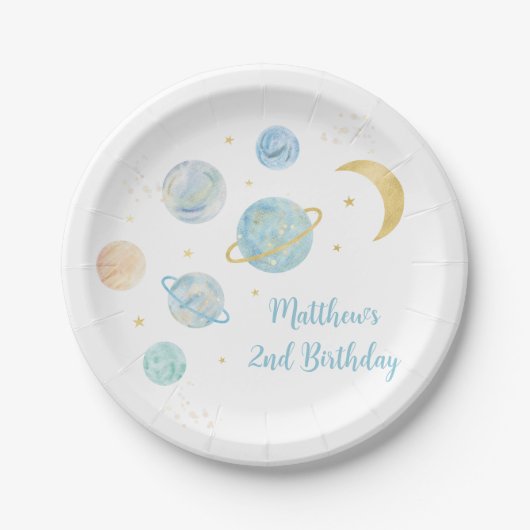 Assiettes En Carton Blue Pastel Two Moon Space Anniversaire (Devant)